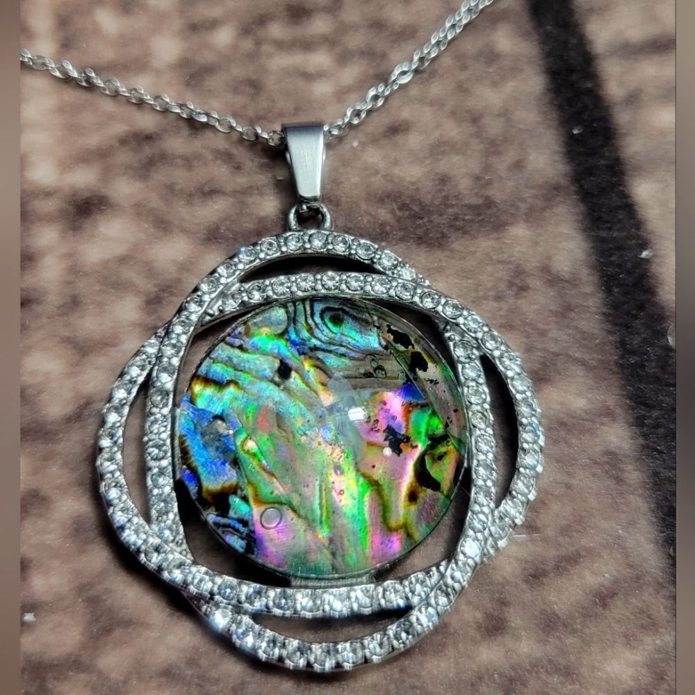 Abalone Shell and White Austrian Crystal Curvy Round Pendant Necklace